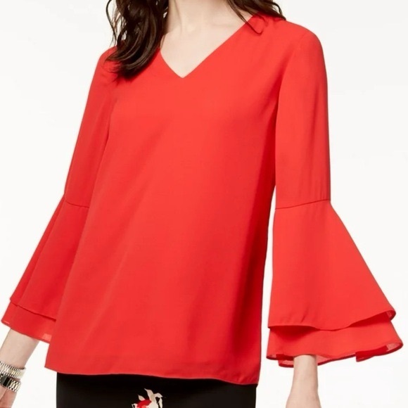 Alfani Tops - Alfani Red V-Neck Layered Bell-Sleeve Blouse
